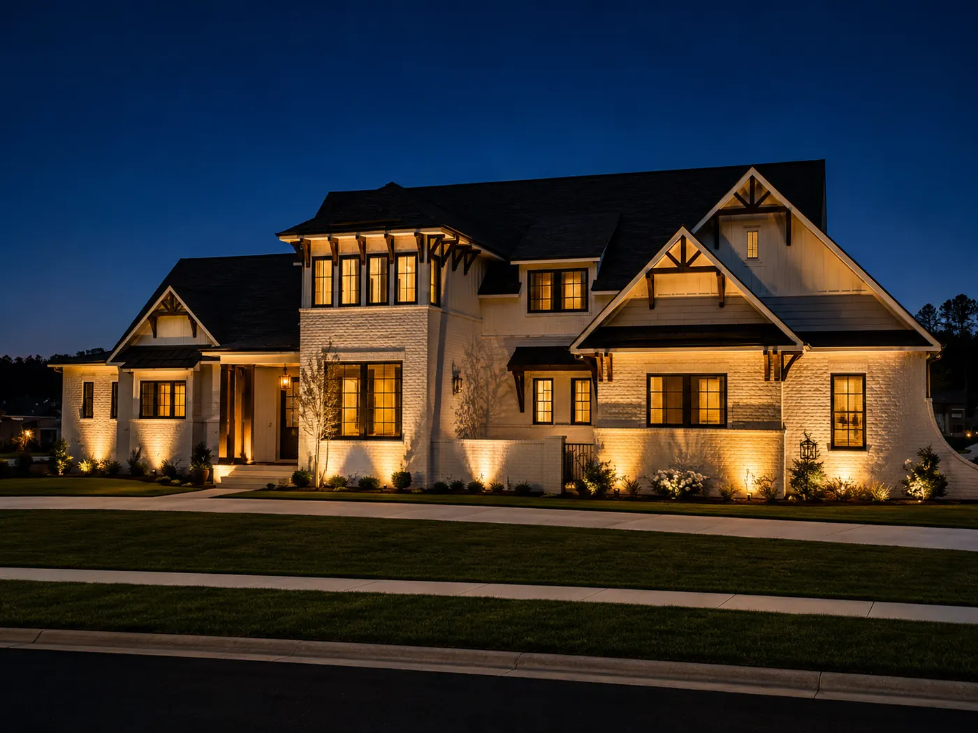 White craftsman home landscape lighting Hoover Alabama