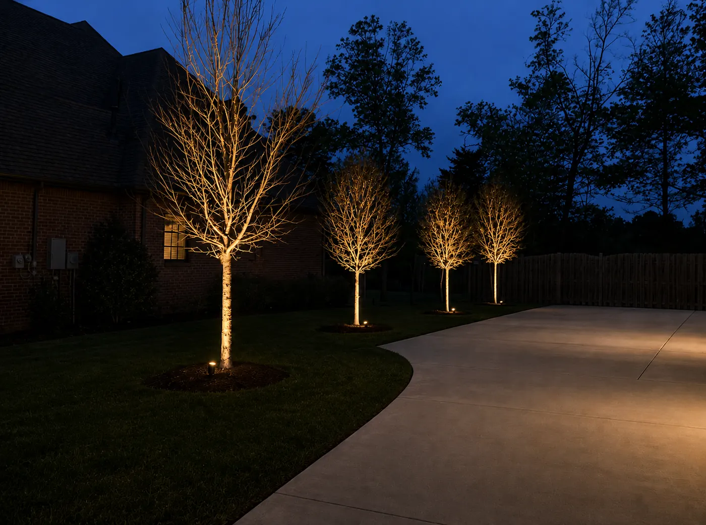 Driveway tree uplighting at dusk Alabama