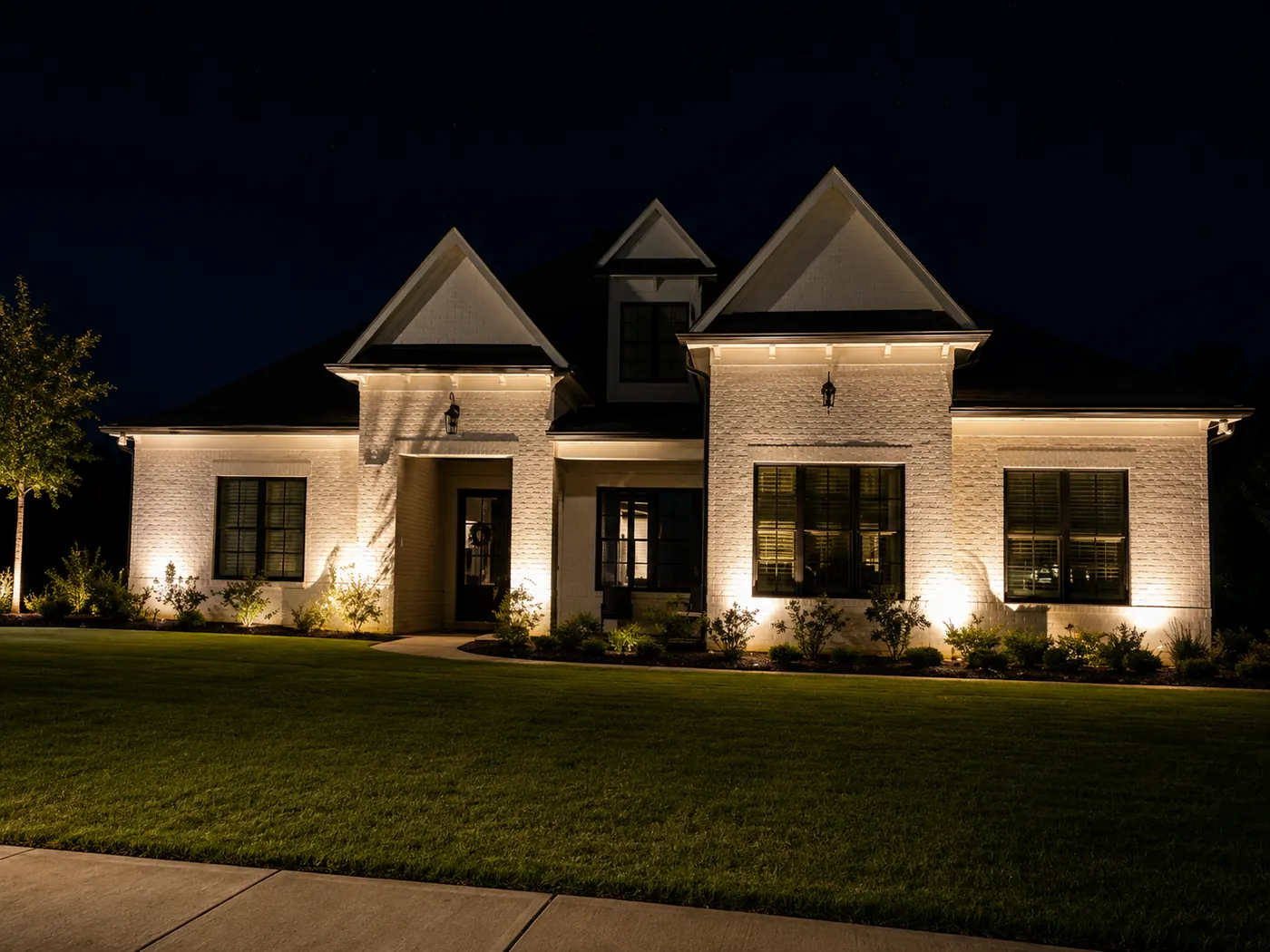 White ranch home security and uplighting Alabama