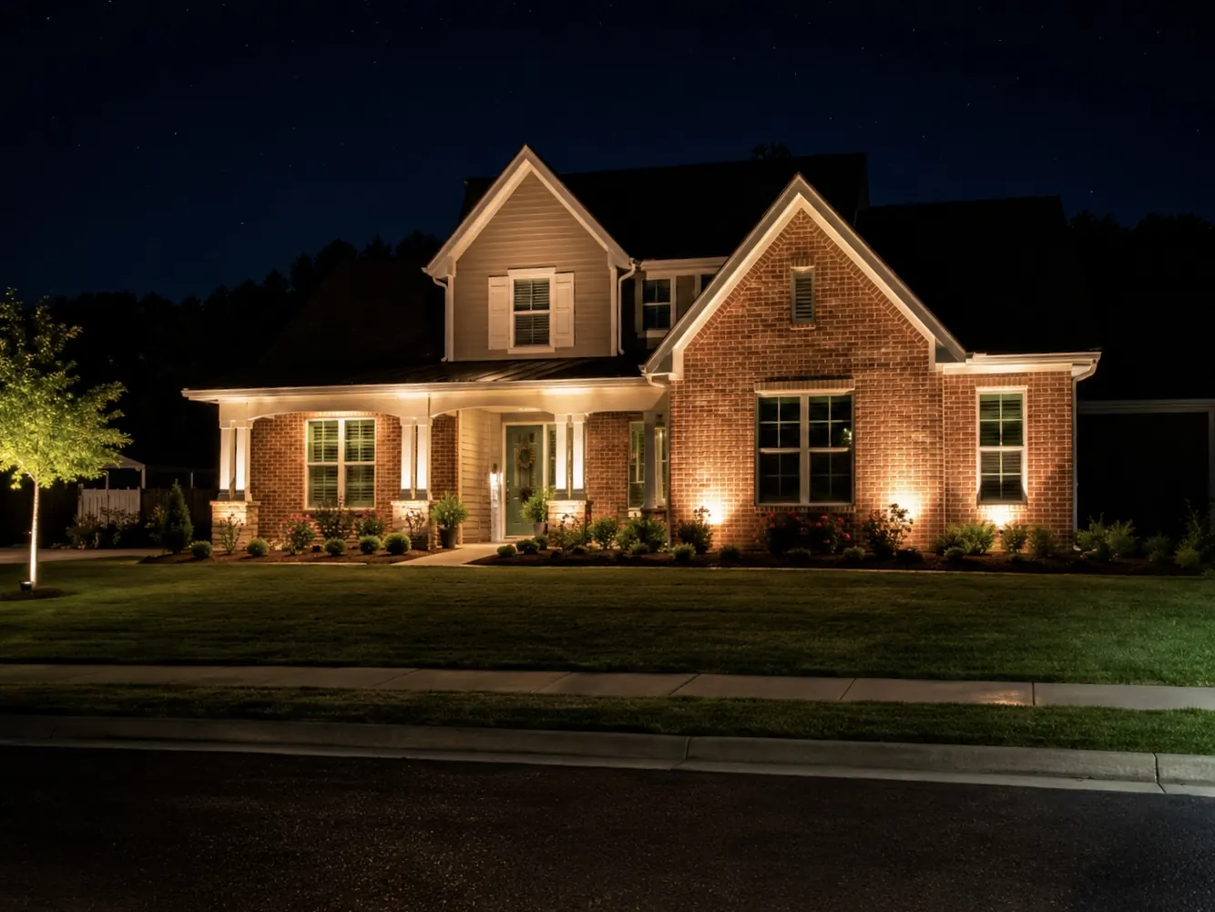 Red brick traditional home landscape lighting Alabama