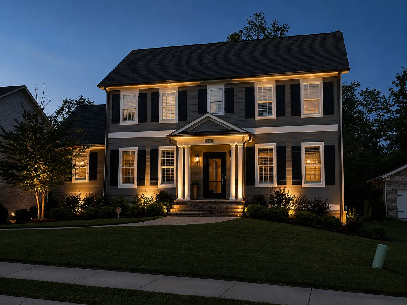 Colonial home landscape lighting dusk Alabama